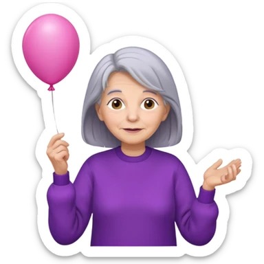 old lady, long grey hair, purple sweater, hold pink balloon sticker