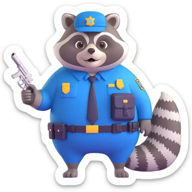 Add a cute pet raccoon next to the big, overweight federal agent in 3D cartoon style with transparent background. sticker