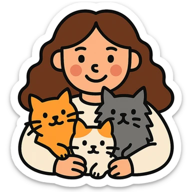Change the girl's hair color to brown and have her hug three cats, each a different color, keeping the lineal color icon with black outlines style. Remove the background. sticker
