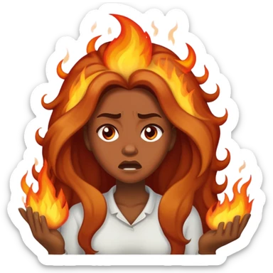 African American woman with long hair, frustrated face expression, with her hair on fire sticker