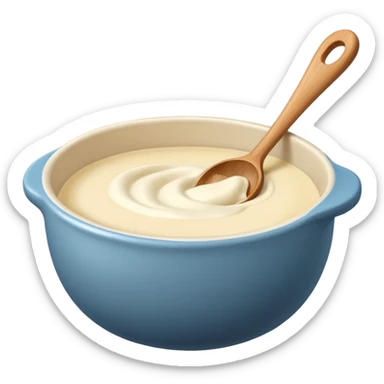 a cream ceramic mixing bowl with a wooden spoon stirring sticker