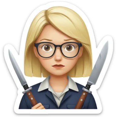 blonde woman with glasses and knives sticker
