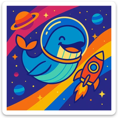 Add a playful, colorful rocket ship flying near the whale with a space helmet, maintaining the vibrant style. sticker