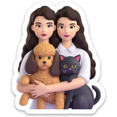 Kendall Jenner with long dark hair, holding a brown poodle and a black and white cat sticker