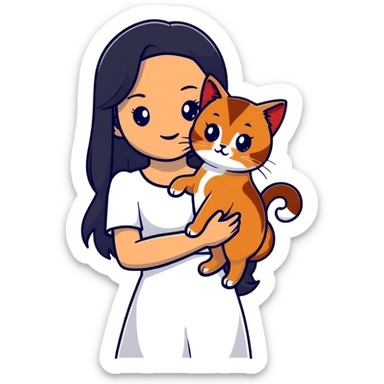 beautiful girl with long black hair wearing a white dress holding an Abyssinian cat with reddish-brown fur in her arms sticker