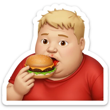 A fat guy eating a burger with ketchup all over his mouth sticker