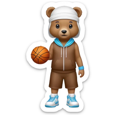 Full-body standing brown bear wearing a white durag on its head and cool colorful basketball sneakers on its feet, cute emoji style sticker