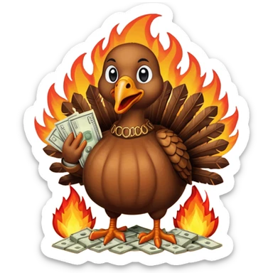 Can you create a turkey warming up a bag of money by a fire sticker