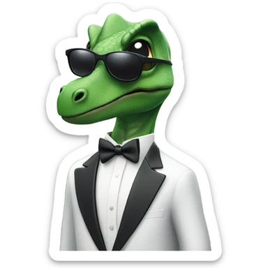 Dinosaur wearing a tuxedo and black aviators with a mountain scape in the background  sticker
