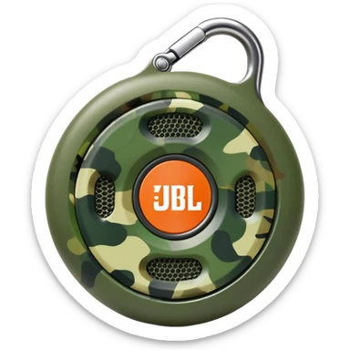 Minimalist JBL Clip 4 speaker with circular shape, carabiner clip, green camouflage pattern, and small JBL logo in the center, iOS emoji style sticker
