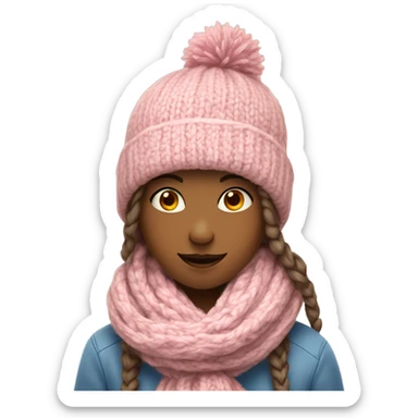 A girl in a warm knitted hat and scarf sends a heart sticker