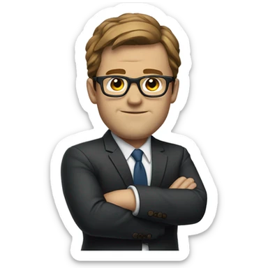 white man in a suit with arm crossed, brown hair, glasses sticker