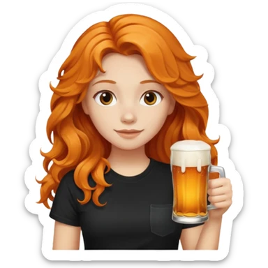Girl with long orange wavy hair and black t-shirt with beer on hand sticker