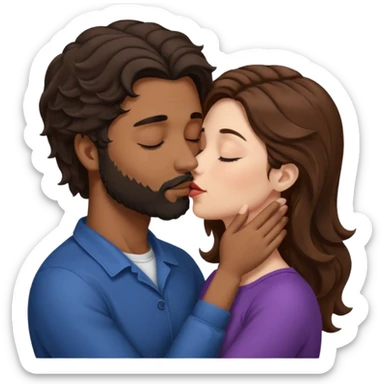 White woman (brown hair with eyes closed) kissing the top of the head (forehead) of brown man with black wavy hair (has a a beard with his eyes closed too). Woman has her lips to the forehead of the man, kissing him. sticker