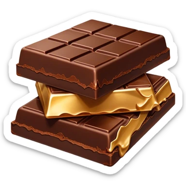 Cinematic silky dark chocolate bar, broken into perfect squares, rich cocoa tones, slightly melting edges, fine texture and decadent shine, warm golden highlights, tempting and rich. sticker