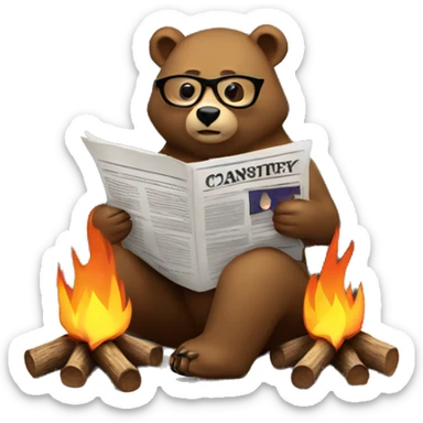 Bear sitting by a campfire wearing glasses reading a newspaper sticker