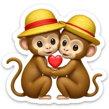 two cartoon monkeys hugging and kissing. The larger monkey is wearing a yellow straw hat like Luffy’s from One Piece. The smaller monkey is wearing a solid red headband. A small red heart floats between them to express affection. sticker