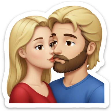girl with brunette hair kissing a man with blonde hair and brown beard sticker