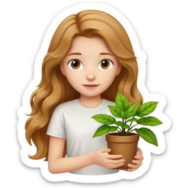 Girl with long light brown very wavy hair and white t-shirt with plant on hand sticker