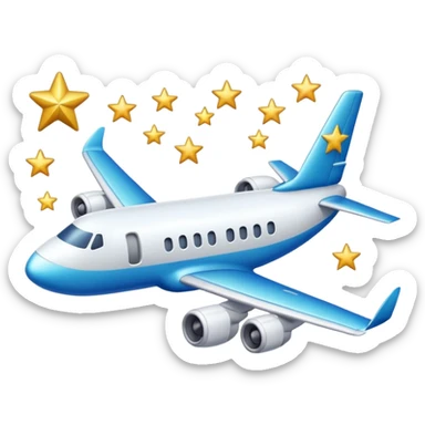 a plane flying above clouds and below stars, 2d emoji style sticker