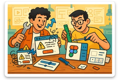 Two designers in a creative repair lab, one with curly hair and one with short dark hair, focused and playful, working together to fix messy old UI components. They use tools like a wrench, ruler, and Figma interface elements. The scene is part chaotic, part clever, showing them transforming legacy UI into something clean and beautiful. sticker