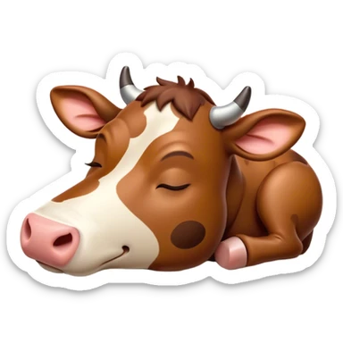 Meme-Worthy Cute Sleeping Brown Cow Portrait Emoji, Head resting peacefully with a contented smile, showcasing a robust build and a luxuriously soft deep brown hide, eyes shut in a serene, restful nap, Simplified yet hilariously adorable features, highly detailed, glowing with a soft, drowsy light, high shine, relaxed and utterly lovable, stylized with an air of playful laziness, bright and heartwarming, soft glowing outline, capturing the essence of a comically sleepy cow, so meme-worthy it feels like it could instantly become the next viral sensation of adorable slumber! sticker