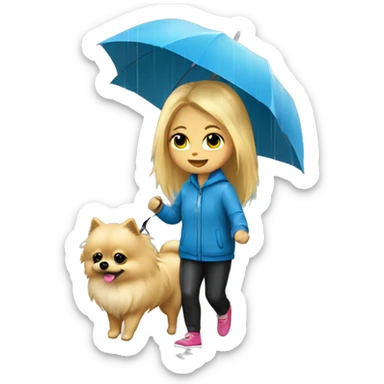 Blonde girl walking tiny pomeranian under the rain sticker