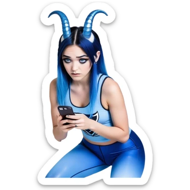 Disapponted-big tears-head back texting on phone-very very large upper body-sexy face-bending forward at waist-very long very straight dark blue to light blue ombre hair-and-blue eyes-thick black eyeliner-cute goat horns-iridescent blue lowcut tanktop with black leggings with glitter superman logo sticker
