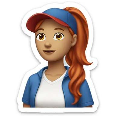 front facing standing female coach with long red hair, wearing a white t-shirt and a simple blue hat sticker