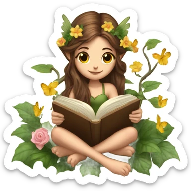 Female forest fairy, wings, pointed elf ears, long brown hair, reading, stack of books, vines, flowers sticker