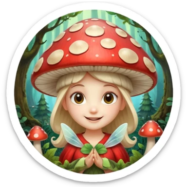 mushroom fairy portrait, head and shoulders only, wearing a large mushroom cap hat, tiny glowing wings visible behind shoulders, cute magical smile, forest fantasy vibe, 3D cartoon, mobile game icon style, clean background, no text, no watermark sticker