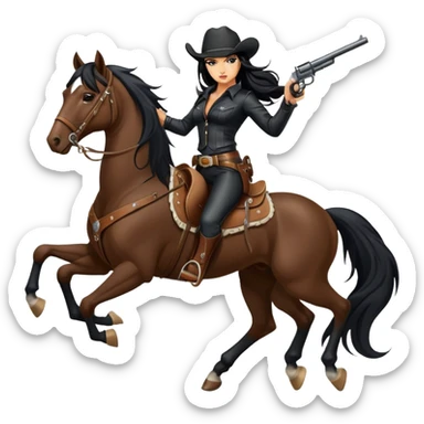 badass confident hot tanned woman with long black hair cowgirl style wearing black leather outfit with gun riding horse in action pose sticker