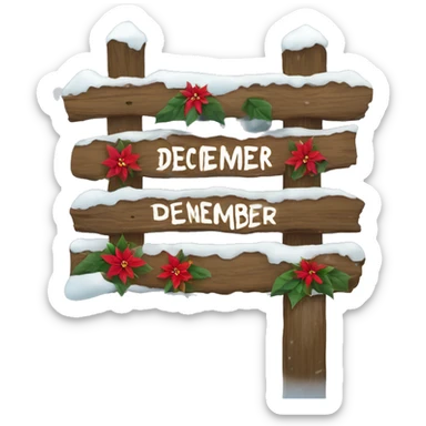 Wood sign with inscription december and poinsettia with snow on sign  sticker