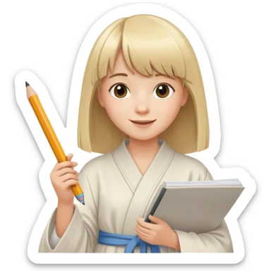 young very happy artist with straight blonde hair and bangs, with pencil and paper and casual robe sticker