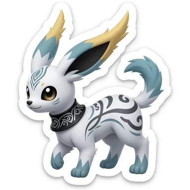 Rare white exotic cute epic aesthetic gothic colorful Salandit-Eevee-Civet-species-Fakemon-hybrid-creature, with a collar, and with intricate tribal markings, full body sticker