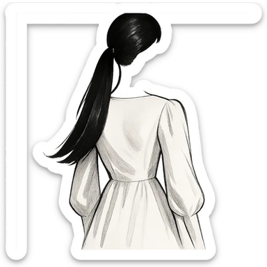 black sleek ponytail, no head, white dress with sleeves, fashion illustration style sticker