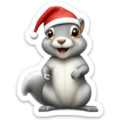 Full body grey Squirrel wearing a Santa hat sticker