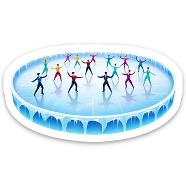 An icon of a theatrical ice show with costumed figure skaters performing a dramatic scene on a glowing ice stage. Spotlights, colorful scenery, and a cheering audience in a grand arena convey the magic and artistry of the ice performance. Transparent background included. sticker