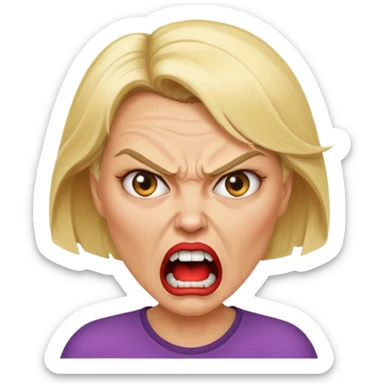 Angry blonde middle aged woman with a mad mouth sticker