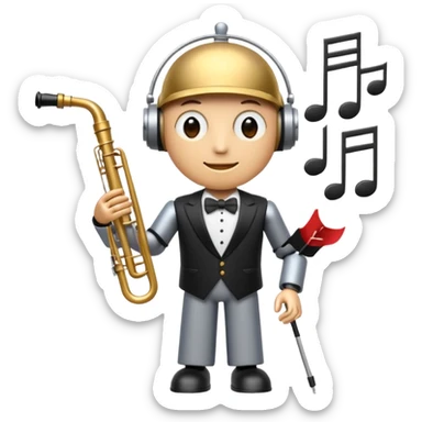 robot a sophisticated and elegant emoji that represents orchestration and arrangement. The design should feature a conductor’s baton, musical notes, and a symphonic score, symbolizing the process of arranging and orchestrating music. Incorporate instruments like a violin, trumpet, sticker