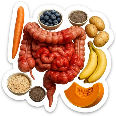 intestino umano anatomico infiammato con carota, bowl di avena, mirtilli, bowl di semi di chia, patate, banane, zucca, bowl di riso che gli fluttuano dietro, iperrealistico 4k sticker