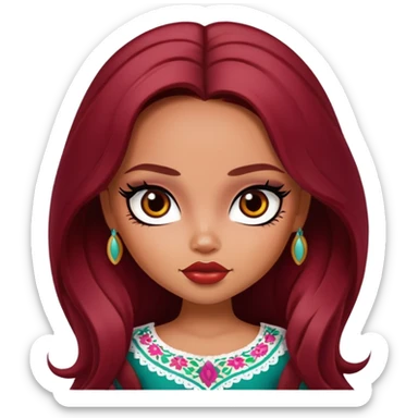 pretty bratz girl, long dark red hair,  mexican, brown eyes, black eyeliner, mexican skin sticker
