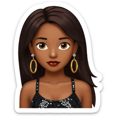 Chilli from TLC with long dark brown hair, black sequin crop top, black earring sticker