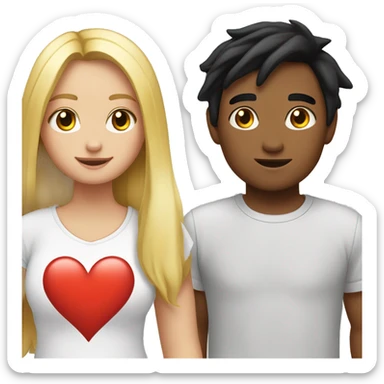 An emoji of a young girl with long blonde hair standing next to her boyfriend, who has black hair and fair skin. A heart symbol is between them, and the boy's T-shirt features a lightning bolt symbol sticker