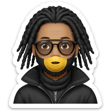 African American man with shoulder length black dreadlocks with black beard  wearing black sunglasses wearing a black bubble winter coatwearing a covid mask covering mouth and nose sticker