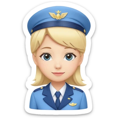 Cute emoji-style Japanese flight attendant, blonde hair, pastel blue airline uniform, kawaii cartoon style, big eyes, simple clean lineart, pastel colors, chibi proportions, friendly smile, sticker/emoji, transparent background sticker