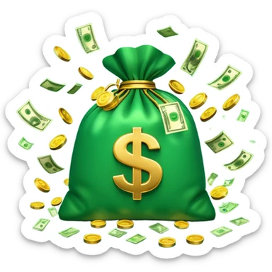 

3D emoji style, big bag of money, flying dollar bills, rich casino vibe, smooth lighting, high detail, clean edges, transparent background



 sticker