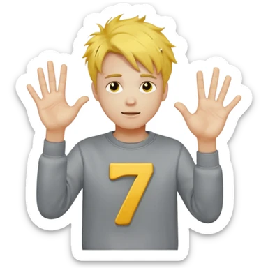 Make a guy in a grey sweatshirt and yellow messy hair hold his hands out one hand holding 6 the other holding 7 sticker