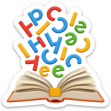 A minimalist emoji-style icon representing wordplay — symbolizing creativity with language. It features an open book or speech bubble merging with playful letters or word fragments, forming a clever visual pun. sticker