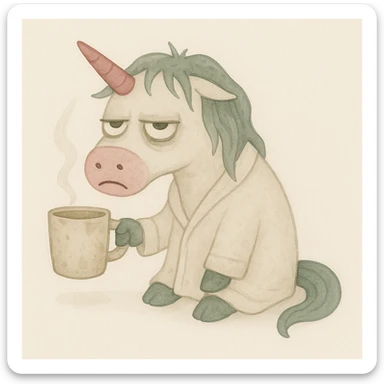 Add a rumpled bathrobe to the unicorn, keep the painterly watercolor style, unicorn remains disgusting and rumpled with bags under his eyes, a drooping horn, and a dirty coffee cup. sticker